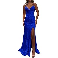 Sequin Prom Dresses 2024 Mermaid Evening Gowns with Slit V Neck Sparkly Homecoming Dresses Long