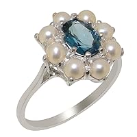 925 Sterling Silver Natural London Blue Topaz & Cultured Pearl Womens Cluster Ring - Sizes 4 to 12 Available
