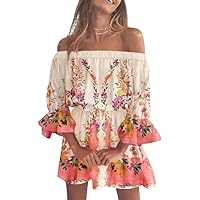 Women's Dress Summer Floral Half Sleeve Ruffle Hem A Line Mini Dress Off Shoulder Dress Party Beach Dresses