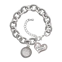 Stainless Steel Disc You Are More Loved - Class of 2024 Heart Charm Link Bracelet, 7.25+1.25