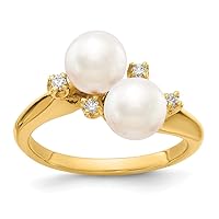 14k Yellow Gold Solid Polished Prong set 6mm Freshwater Cultured Pearl Diamond ring Size 6 Jewelry for Women