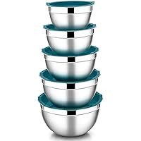 Mixing Bowls with Lids Set of 5, Stainless Steel Green Mixing Bowls Metal Nesting Bowls with Airtight Lids for Cooking, Baking, Serving