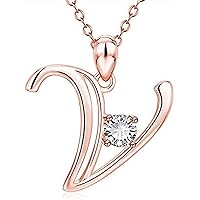 Created Round Cut White Diamond 925 Sterling Silver 14K Rose Gold Over Diamond V Initial Letter Pendant Necklace for Women's & Girl's