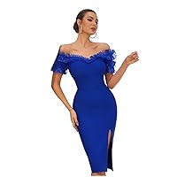 Exclusive Women Evening Gown Dress Blue V-Neck Off Shoulder Petal Sleeve Split Sexy Formal Dress
