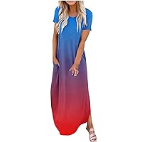 Women's Casual Summer Dresses Short Sleeve Floral Maxi Dress Gradient Crewneck Long Dress Loose Beach Dress with Pockets