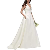 Womens V Neck Satin Wedding Dress Simple A Line Sexy Backless Bridal Gown