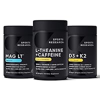 Sports Research Magtein Magnesium L-Threonate Capsules (2000mg, 90 Capsules), Vegan Vitamin D3 + K2 w/Organic Coconut Oil (5000iu VIT. D 100mcg Mk7 VIT. K, 60 Softgels) and L-Theanine (200mg, 60 ct)