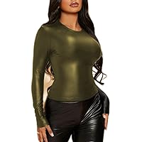 Women Solid Color Round Neck Tops Matte PU Leather Long Sleeve T-Shirt Ladies Streetwear Leisure Slim Fit Tops