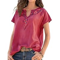 Boho Tops for Women Short Sleeve V Neck Western Ethnic Summer Casual Peasant Pleated T-Shirt Stretchy Blouse