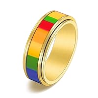 Unisex's Stainless Steel 6mm/8mm Rainbow Flag Pride Ring for Lesbian & Gay Rotatable Ring