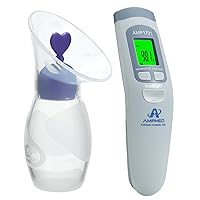 Amplim Deluxe Manual Silicone Breast Pump and No Touch Forehead Thermometer for Babies and Adults | Bundle Packv