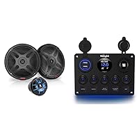 Pyle 6.5'' Dual Marine Speakers Kit - Waterproof-Rated w/Amplified Bluetooth Remote Control Receiver & Nilight 90101E 5Gang Multi-Function 5 Gang Rocker Dual USB Charger + Digital Volmeter +12V Outlet