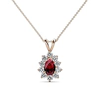 Pear Ruby & Natural Diamond (SI2-I1, G-H) Halo Pendant 1.03 ctw 14K Rose Gold 14K Gold Chain.