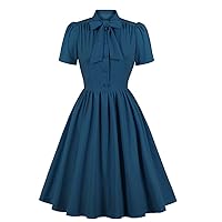 Vintage Women 1940s Bow Tie Neck Dress Retro 40s 50s Button Up Business Work A-line Cocktail Dresses