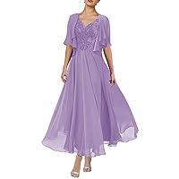 A-Line Mother of The Bride Dress Formal V Neck Tea Length Wedding Guest Dresses with Pleats Appliques 2023 JS052