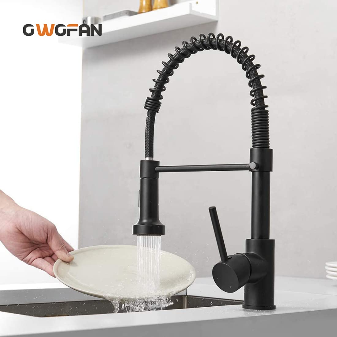 OWOFAN Black Kitchen Faucet with Pull Down Sprayer Stainless Steel Single Handle Pull Out Spring Sink Faucets 1 Hole Or 3 Hole Dual Function for Farmhouse Camper Laundry Utility Rv Wet Bar