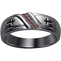 Wedding 5-Stone Men's Cross Ring Round Cut Created Red Garnet 14K Black Gold Over .925 Sterling Silver