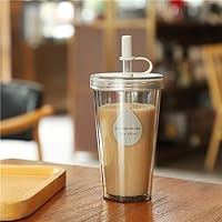 Simple Double Layer Large Capacity Plastic Straw Cup Cup Student Transparent Milk Fruit Juice Coffee Milk Tea Cup (Color : Gray, Size : 320ML)
