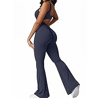 Wenlia Women Workout Flare Jumpsuit Backless Yoga Jumpsuits For Women Scrunch Butt One Piece Bodysuit Open Back Gym Flared