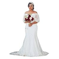 Plus Size Off Shoulder Bridal Ball Gowns Long Train Lace Mermaid Wedding Dresses for Bride 3/4 Sleeve