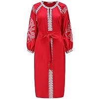 Runway Bohemia Holiday Dress Spring Autumn Embroidery Red Line and Cotton Vintage Lace Up Tassel Belt Midi Dress