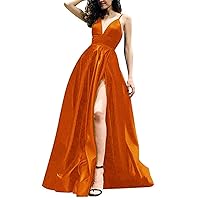 VeraQueen Women's Deep V Neck Satin Prom Dress Spaghetti Straps Long Ball Gown Orange