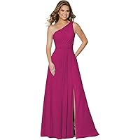 Women's Chiffon One Shoulder Bridesmaid Dresses Slit A-line Long Formal Evening Party Dress with Pockets