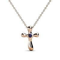 Petite Blue Sapphire Solitaire Cross Pendant 14K Gold. Included 16 Inches 14K Gold Chain.