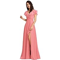 Dexinyuan Chiffon Bohemian Bridesmaid Dresses Long Slit Ruffle Sleeves V Neck Formal Prom Gowns for Women DXY131