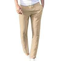 Mens Elastic Waist Summer Pants Drawstring Casual Pants Solid Cotton Linen Beach Pants for Men Full Length Trousers