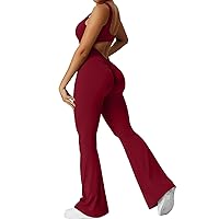Womens Flare Leg Jumpsuits U Neck Sleeveless Backless Scrunch Yoga Rompers Sexy Tummy Control Bodycon Playsuit