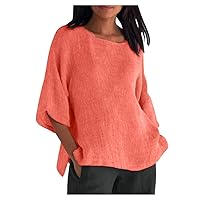 Summer Linen Tops for Women, 3/4 Sleeve T Shirts Loose Plus Size Cotton Linen Tshirt Womens Crewneck Casual Blouse Tee