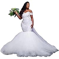 Women's Plus Size Sequins Off Shoulder Bridal Ball Gowns Train Lace Mermaid Wedding Dresses for Bride Long