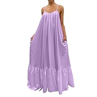 Women's Casual Loose Loose Dress Sleeveless Knee Length Long Cami Maxi Dresses with Pocket