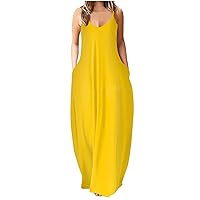 Summer Dresses for Women 2023, Womens Casual Strappy V Neck Sleeveless Flowy Pockets Loose Long Maxi Beach Dress Sundress