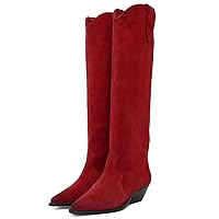 MOOMMO Women Suede Cowboy Knee High Boots Slouch Low Thick Heel Pointed Toe Long Western Boots Wide Calf Pull On Tall Riding Boots Cowgirl Pleated Chunky Heel Dress Boots Comfy 4-11 M US
