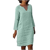 Women Casual Dressy Rolled-Up Long Sleeve Tunic Dress Cotton Linen V-Neck Fashion Fitted Baisc Knee Pencil Dresses