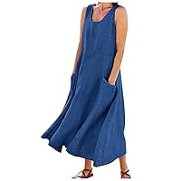 Women's Loose Cotton Linen Solid Plus Size Dress Print Boho Swing Oversized Loose Dress with Pockets