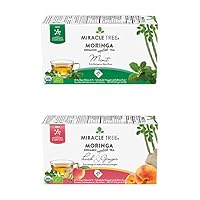 Organic Moringa Superfood Tea, 2 Pack Bundle, 2x25 Individually Sealed Tea Bags (Mint, Peach & Ginger)