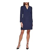 DKNY Womens Navy Zippered Pocketed Lined Long Sleeve V Neck Above The Knee Wear to Work Shift Dress 0
