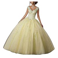 Natasha Girl's V-Neck Beading Lace Quinceanera Dresses Sweet 16 Appliques Prom Ball Gown 014