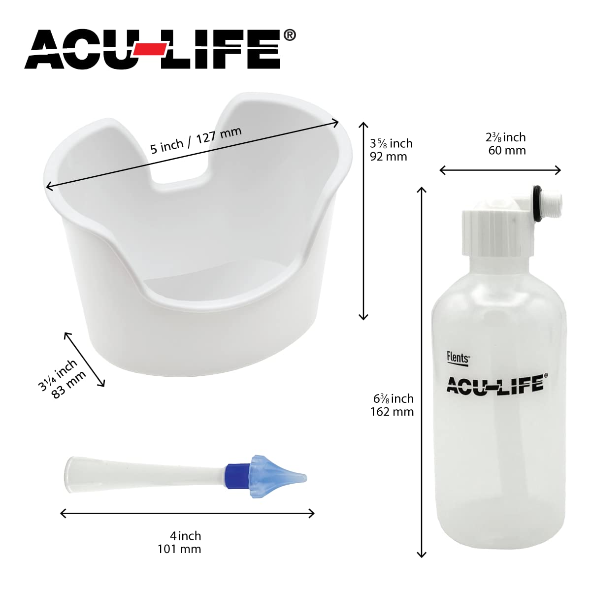 Acu-Life Ear Irrigator, Soft Tri-Steam Fit with Flarred Design for Comfort, Includes Basin, Ear Syringe and Easy Squeeze Bottle