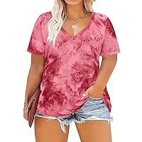 RITERA Plus Size Tops for Women Summer T Shirts V Neck Short Sleeve Casual Loose Basic Tee Tops with Front Pocket Red Tie Dye 3XL 22W 24W