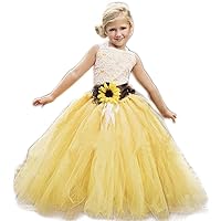 Summer Yellow Tutu Tulle with Sunflower Belt Flower Girl Dress for Wedding Party Kids Prom Dress…