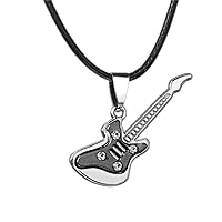 Classic Stainless Steel Guitar Pendant Necklace For Men Punk Vintage Rope Leather Chain Accessories Music Jewelry Choker Gifts