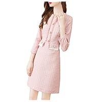 Women Dress for Tweed Patchwork Knitted Pan Collar Dresses Office Lady Plaid Vestidos Autumn and Winter
