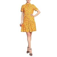 Donna Morgan Collared High Neck Button Down Folded Short Sleeve Multi Print Cotton Blend Dress with Pockets Amber RED / 10