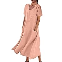 Women's Summer Cotton Linen Short Sleeve Maxi Dress Crew Neck Loose Casual Tunic Beach Long Dresses with Pockets Recent Orders Pink