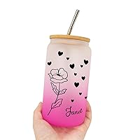 Birth Flower Glass Can Cup with Bamboo Lid & Straw Customized Birthflower Glass Mug with Name Graduation Birthday Gifts for Best Friend Flower Farmhouse 16oz Frosted Glass Cup
