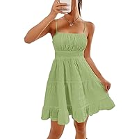 Women's 2024 Casual Boho Mini Short Dress Sleeveless Solid Color Fabric Cami Dress